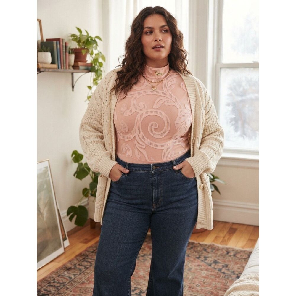 Vintage Topia Y2K Sheer Embroidered Mesh Bodysuit Pink Plus size 2X